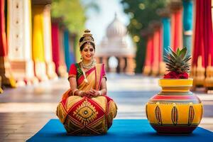 une femme dans traditionnel Indien tenue est assis sur une banc. généré par ai photo