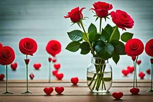 rouge des roses dans une vase avec cœurs sur une tableau. généré par ai photo