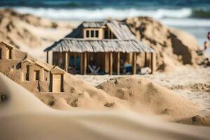 une le sable Château sur le plage avec une cabane. généré par ai photo