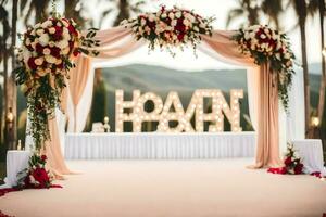 mariage la cérémonie cambre avec fleurs et blanc des lettres. généré par ai photo