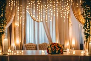 une mariage table avec bougies et fleurs. généré par ai photo