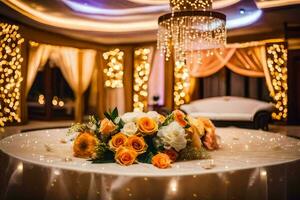 une table avec fleurs et une lustre. généré par ai photo