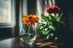 Orange fleur dans une verre de l'eau sur une tableau. généré par ai photo