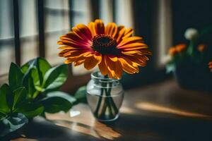 Orange fleur dans une vase sur une fenêtre seuil. généré par ai photo