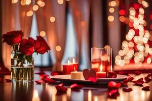 la Saint-Valentin journée table réglage avec bougies et des roses. généré par ai photo