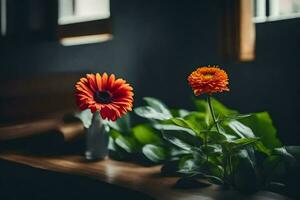 deux Orange fleurs séance sur une table dans de face de une la fenêtre. généré par ai photo