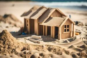 une miniature maison est séance sur le sable. généré par ai photo