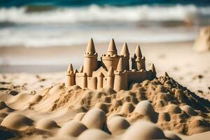 une le sable Château sur le plage. généré par ai photo