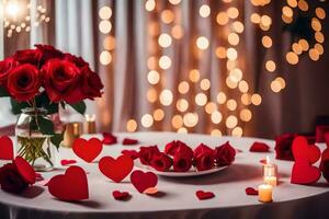 la Saint-Valentin journée table réglage avec rouge des roses et cœurs. généré par ai photo