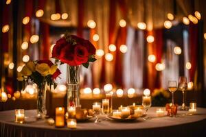 une table avec bougies et fleurs dans une pièce avec rouge rideaux. généré par ai photo