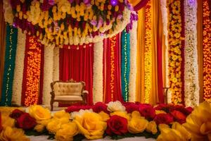 une coloré mariage étape décoré avec fleurs et fleurs. généré par ai photo