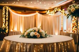 une mariage accueil table avec fleurs et lumières. généré par ai photo