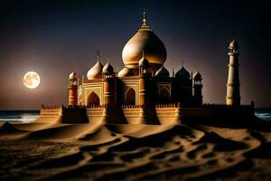 le lune est brillant plus de une mosquée dans le désert. généré par ai photo