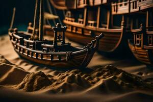 une modèle de une en bois navire sur sable. généré par ai photo