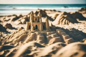 le sable Château sur le plage. généré par ai photo