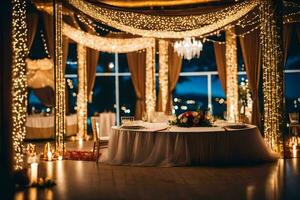 une mariage accueil avec lumières et bougies. généré par ai photo