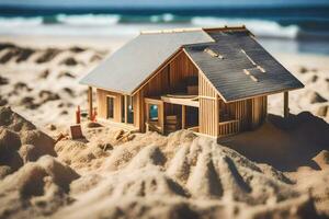 une miniature maison est séance dans le sable. généré par ai photo