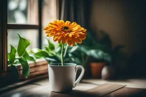 une Célibataire Orange fleur est assis dans une blanc tasse sur une rebord de fenêtre. généré par ai photo