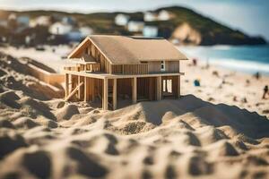 une miniature maison sur le plage avec sable. généré par ai photo