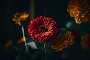 rouge et Jaune fleurs sur une foncé Contexte. généré par ai photo