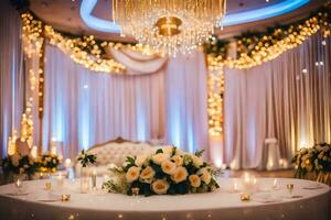 une mariage accueil table avec bougies et fleurs. généré par ai photo