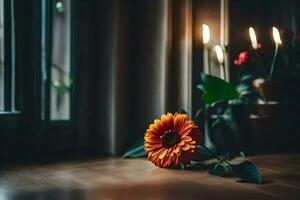 une fleur dans une vase avec bougies. généré par ai photo