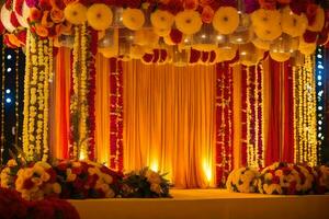 une mariage étape décoré avec fleurs et lumières. généré par ai photo