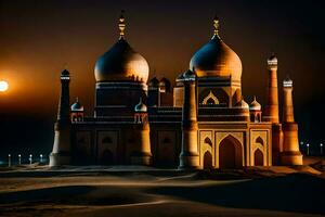 le taj mahal est allumé en haut à nuit. généré par ai photo