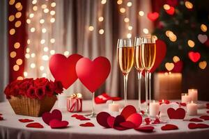 la Saint-Valentin journée table réglage avec rouge cœurs et bougies. généré par ai photo