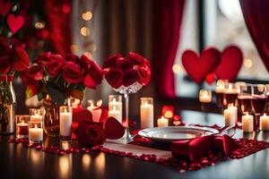 la Saint-Valentin journée table réglage avec bougies et des roses. généré par ai photo