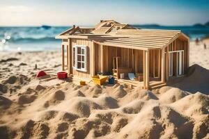 une en bois maison sur le plage avec le sable et l'eau. généré par ai photo