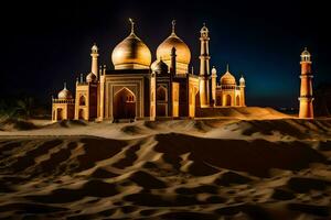 une mosquée dans le désert à nuit. généré par ai photo