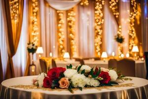 une mariage accueil table avec fleurs et bougies. généré par ai photo