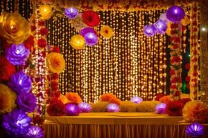une coloré mariage étape décoré avec papier fleurs et lumières. généré par ai photo