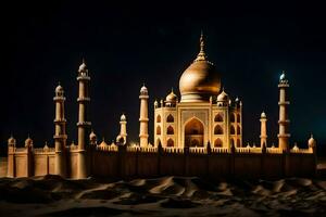 le taj mahal est allumé en haut à nuit. généré par ai photo