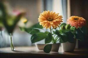 Orange fleurs dans des vases sur une tableau. généré par ai photo