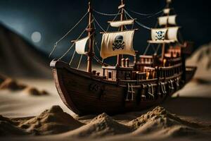 une pirate navire est séance dans le sable. généré par ai photo