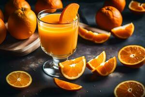 Orange jus avec tranches de des oranges sur une foncé Contexte. généré par ai photo