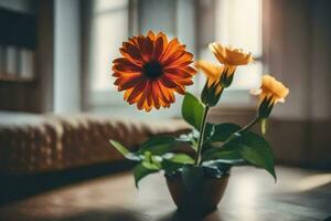 Orange fleurs dans une vase sur une tableau. généré par ai photo