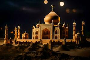 le taj mahal est allumé en haut à nuit. généré par ai photo