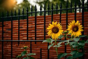 tournesols dans de face de une brique clôture. généré par ai photo