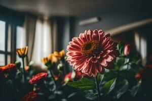 rose fleur dans une vase avec Jaune et Orange fleurs. généré par ai photo