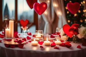 la Saint-Valentin journée table réglage avec bougies et cœur en forme de des ballons. généré par ai photo