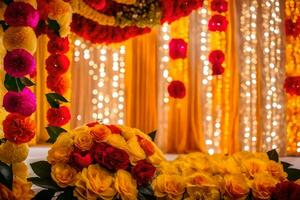 une mariage étape décoré avec fleurs et guirlandes. généré par ai photo