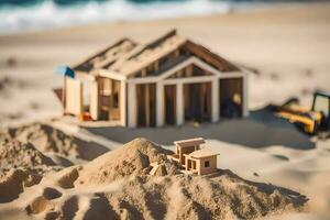 une miniature maison sur le plage avec sable. généré par ai photo