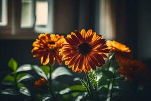 Orange fleurs dans de face de une la fenêtre. généré par ai photo