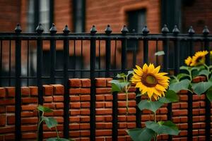 tournesol sur brique clôture. généré par ai photo