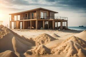 une en bois maison est assis sur Haut de le sable dunes. généré par ai photo