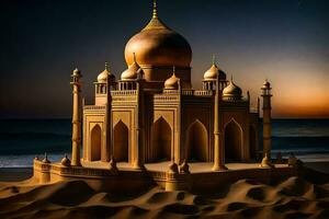 le le sable Château est fabriqué de le sable et a une d'or dôme. généré par ai photo