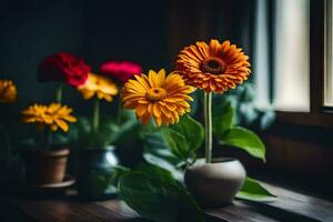 fleurs dans une vase sur une fenêtre seuil. généré par ai photo